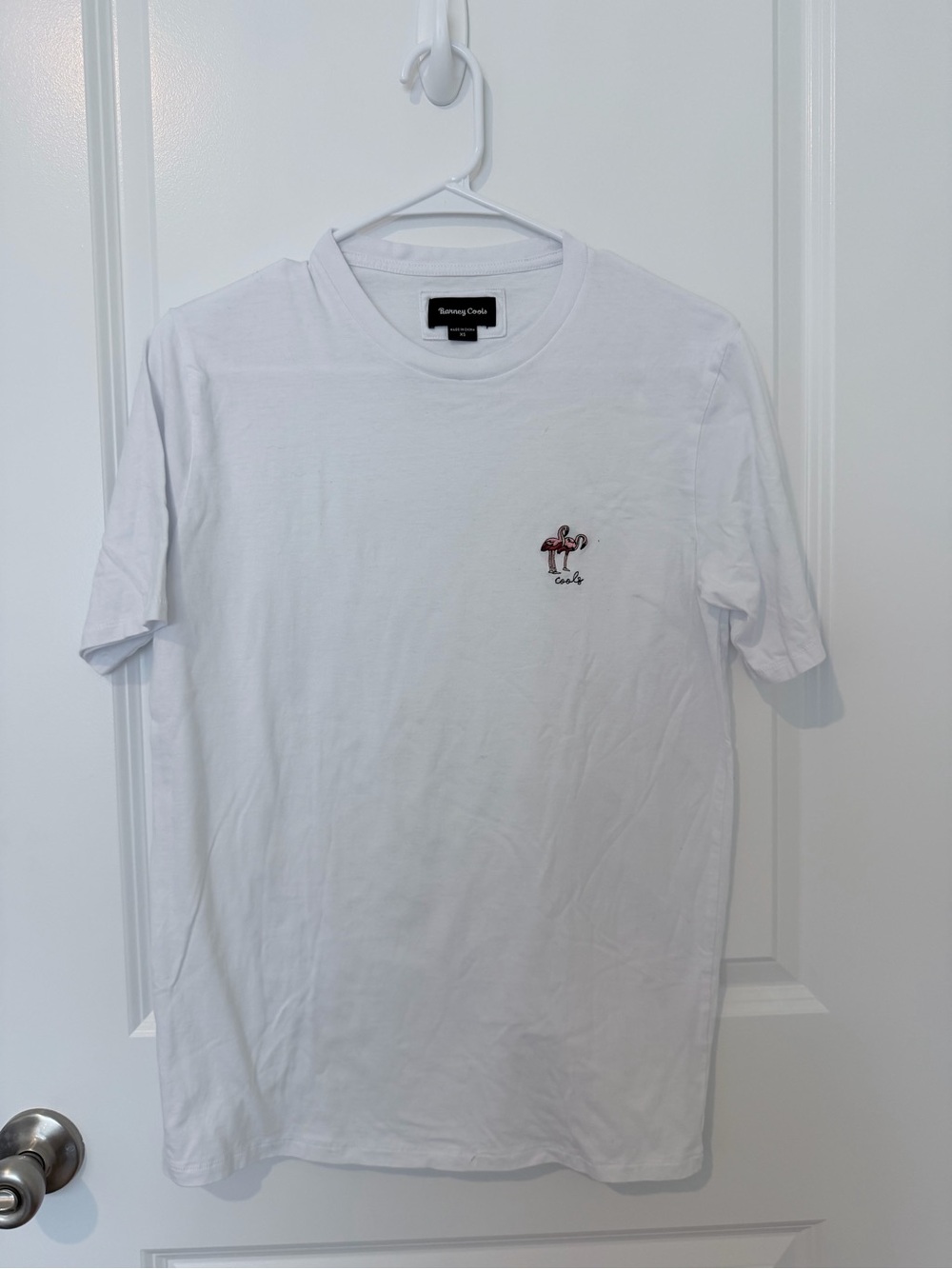 Barney Cools White Tee with Small Flamingo Embroidery
